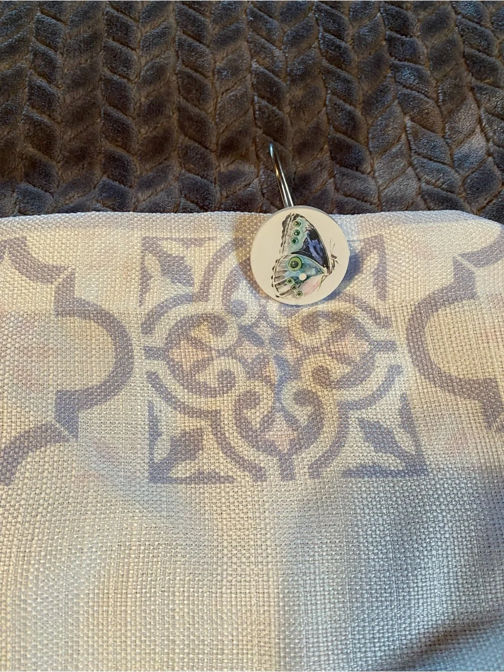 Butterfly Accent cream colored shower curtain and accessories
